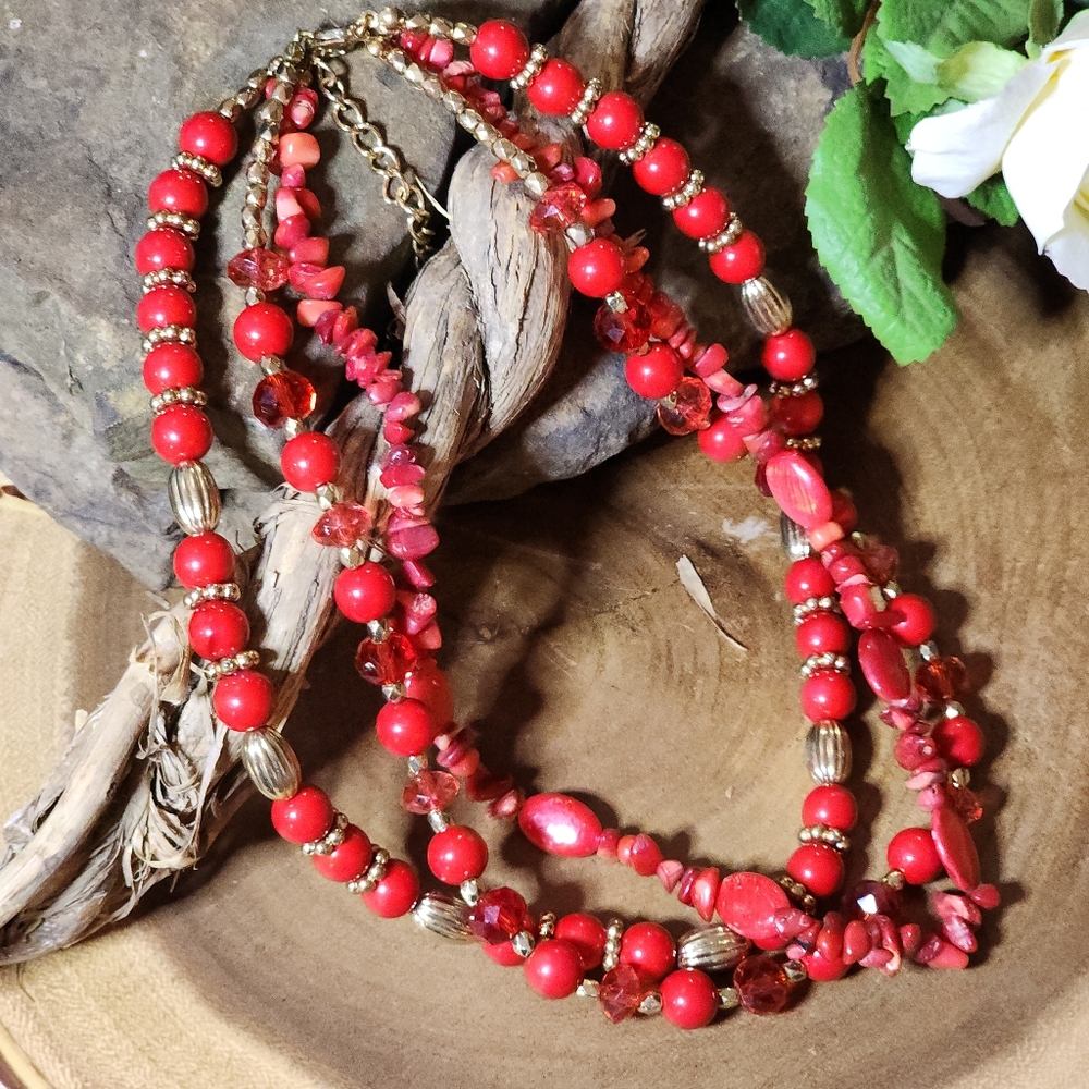 Vintage Red And Gold Toned 3 Strand Beaded Statement Necklace